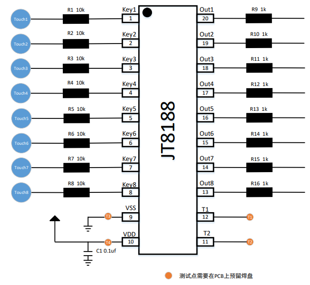 JT8188 是一款电容式广州八按键触摸控制芯片